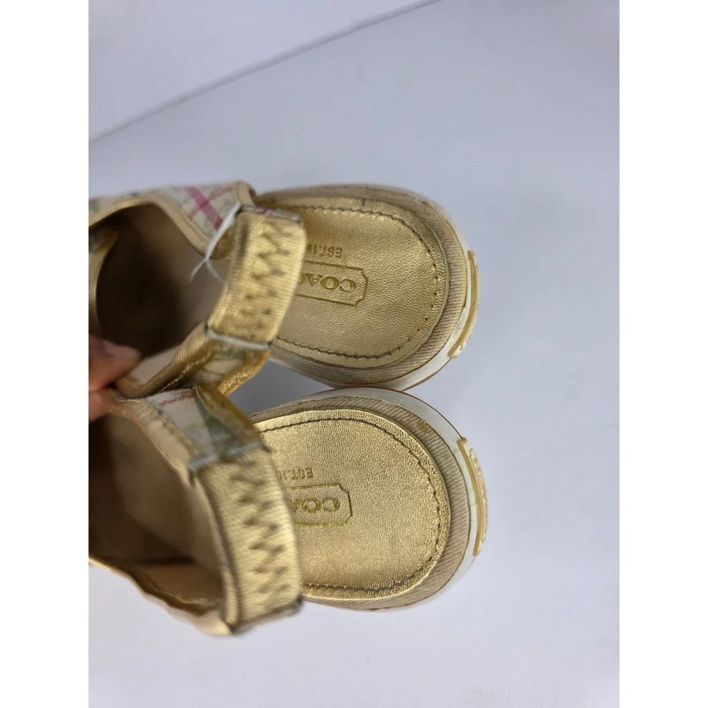 Coach Emilanna Wedge Sandals Womens 8.5B  Multi Plaid Canvas Gold Slingback